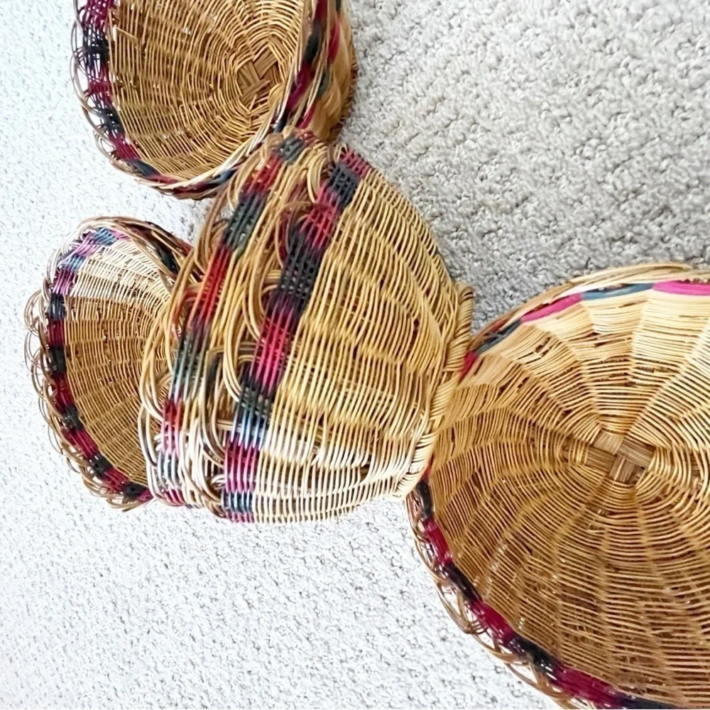 Woven Rattan Wicker Baskets Open Weave Round Stackable Xmas Vintage Set of 8
